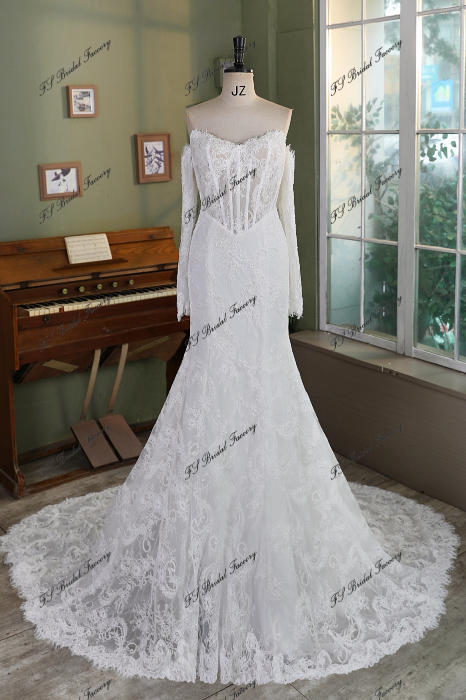Allover Lace Mermaid Wedding Gown with Sheer Corset Bodice and V Basque Waist