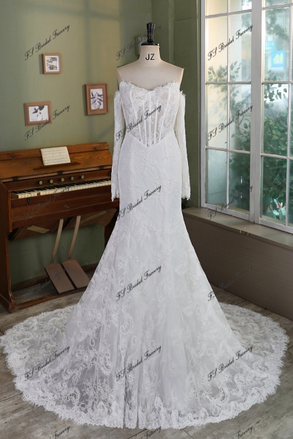 Allover Lace Mermaid Wedding Gown with Sheer Corset Bodice and V Basque Waist