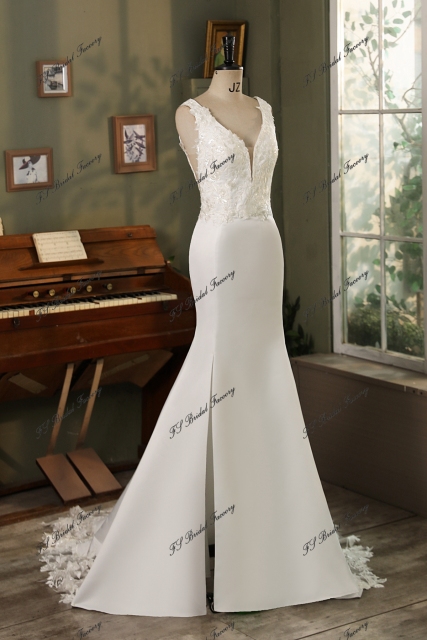 Lace Mermaid Mikado Mermaid Bridal Dress With Long Lace Train