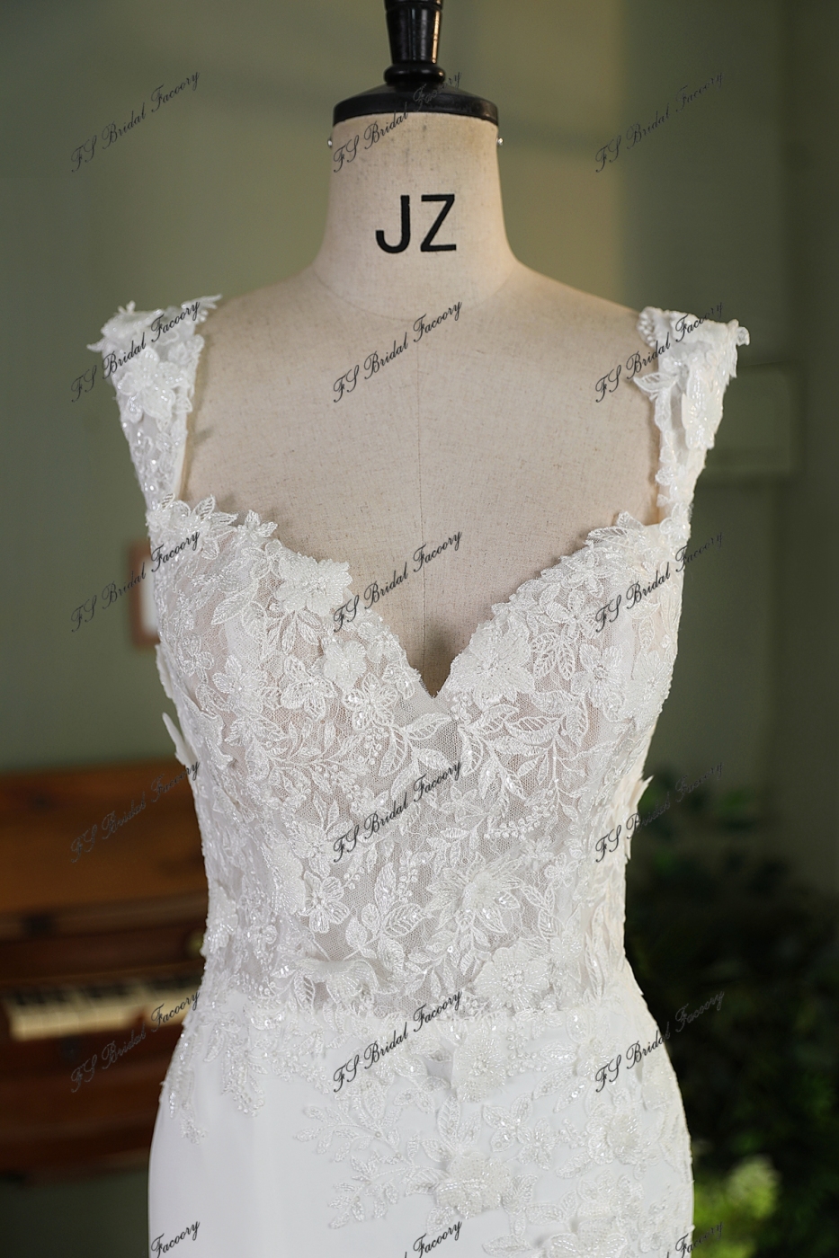 Off Shoulder Fit And Flare 3D Lace Beaded Embroidered Crepe Wedding Dress