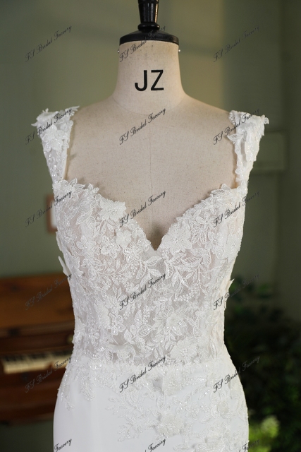 Off Shoulder Fit And Flare 3D Lace Beaded Embroidered Crepe Wedding Dress