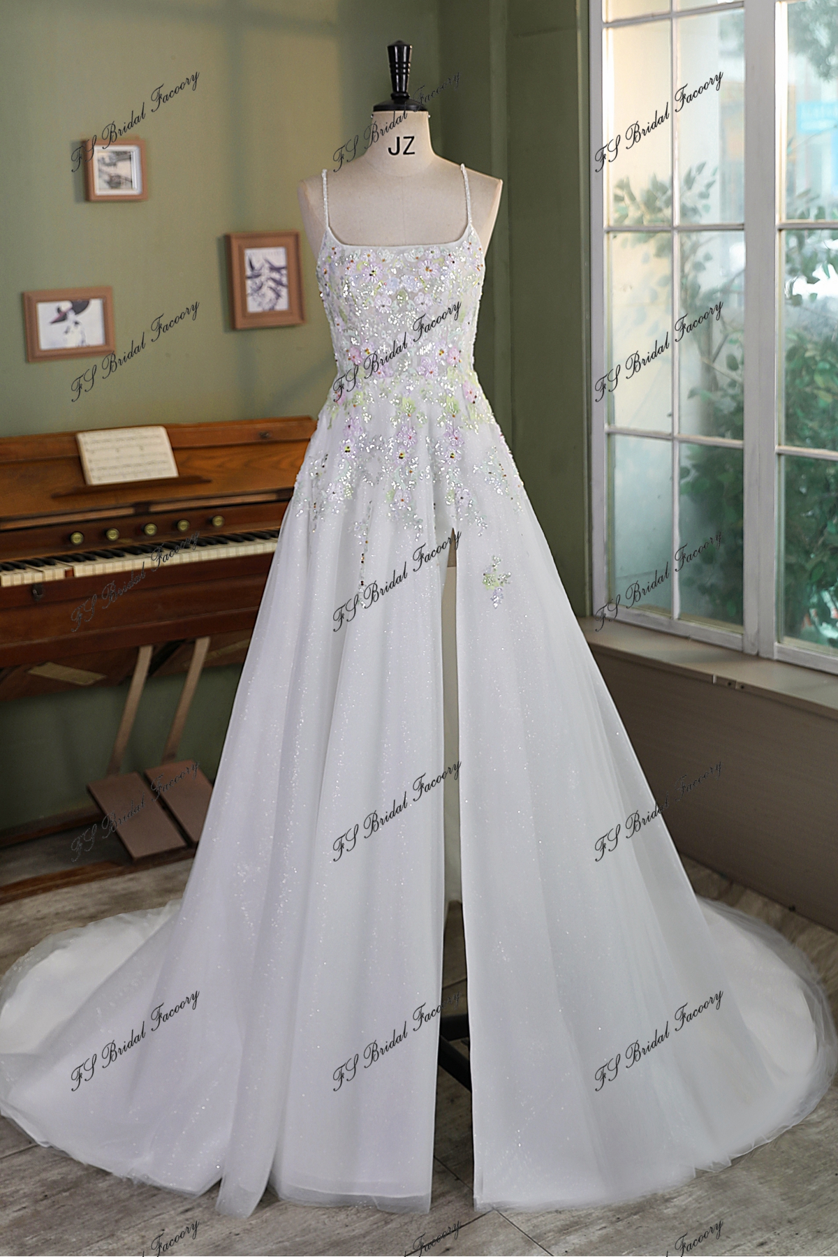 Glitter Dark Blue Spaghetti Straps Wedding Guest Dress with Ruffle Split