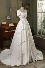 Modest Short Sleeve Soft Satin A Line Wedding Gown