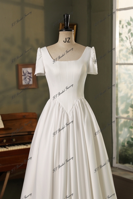 Modest Short Sleeve Soft Satin A Line Wedding Gown