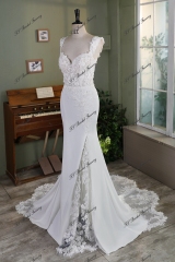 Off Shoulder Fit And Flare 3D Lace Beaded Embroidered Crepe Wedding Dress