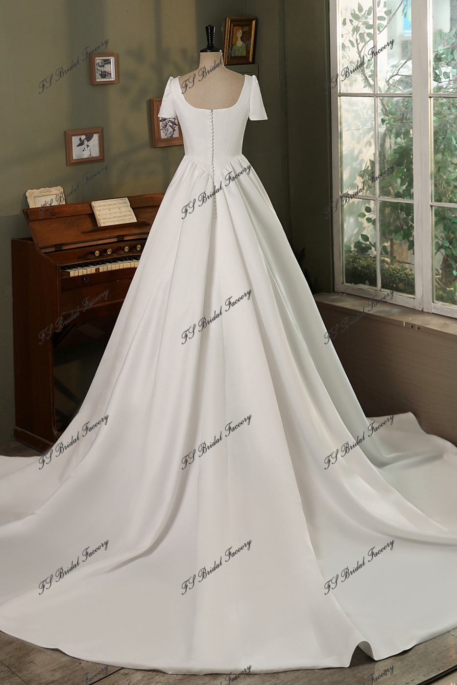 Modest Short Sleeve Soft Satin A Line Wedding Gown