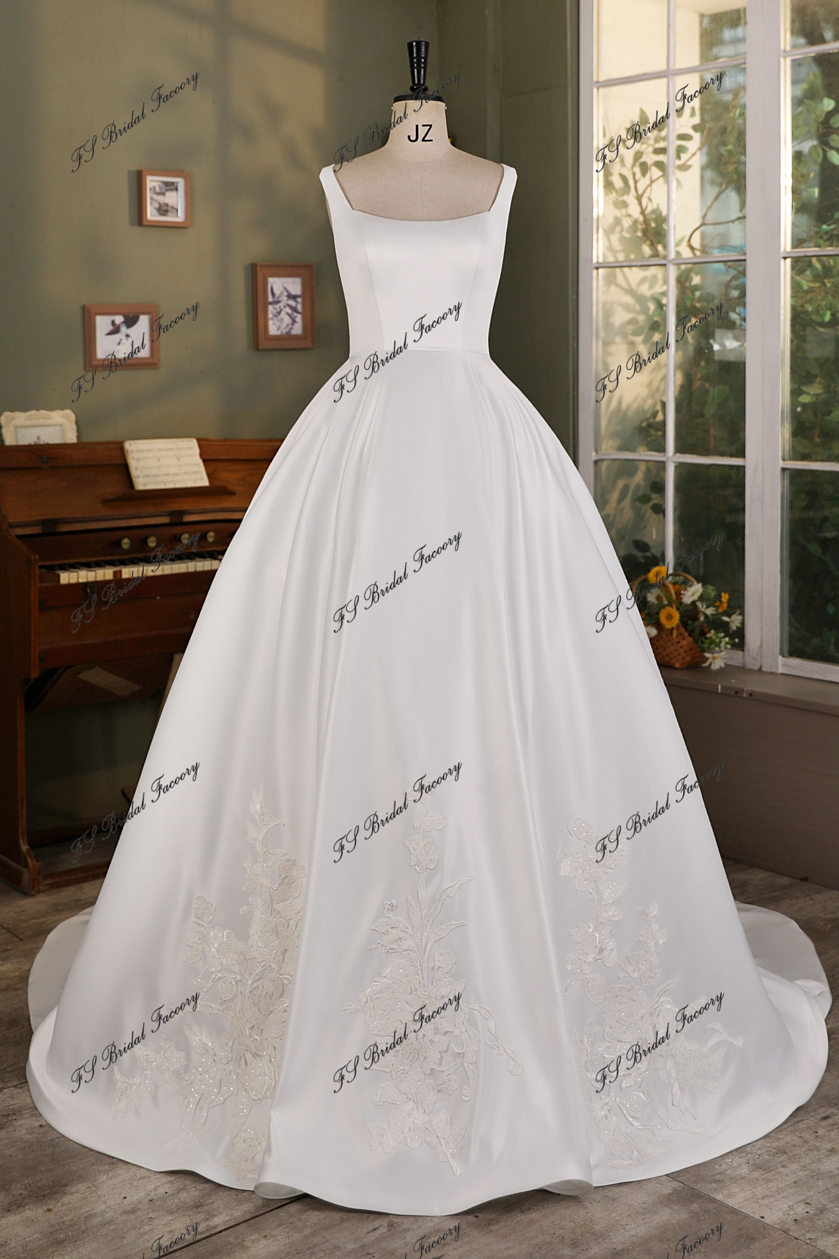 Square Neck Short Sleeve Satin Ball Gown Wedding Dress with Lace-Up Back and Long Train