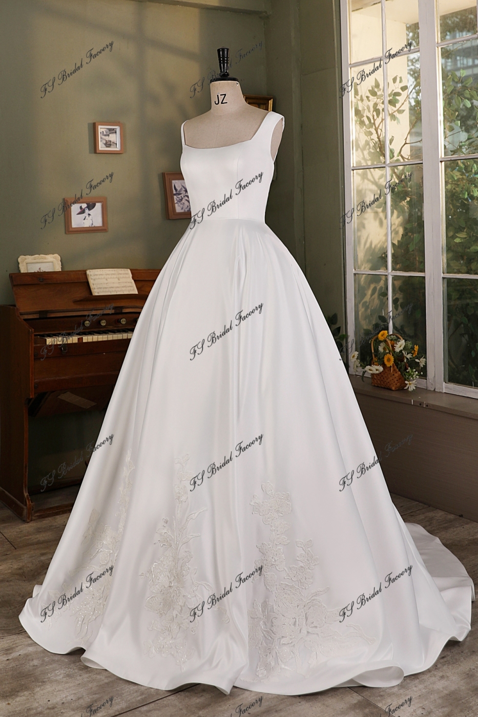 Soft Square Lace Applique Satin Wedding Ball Gown