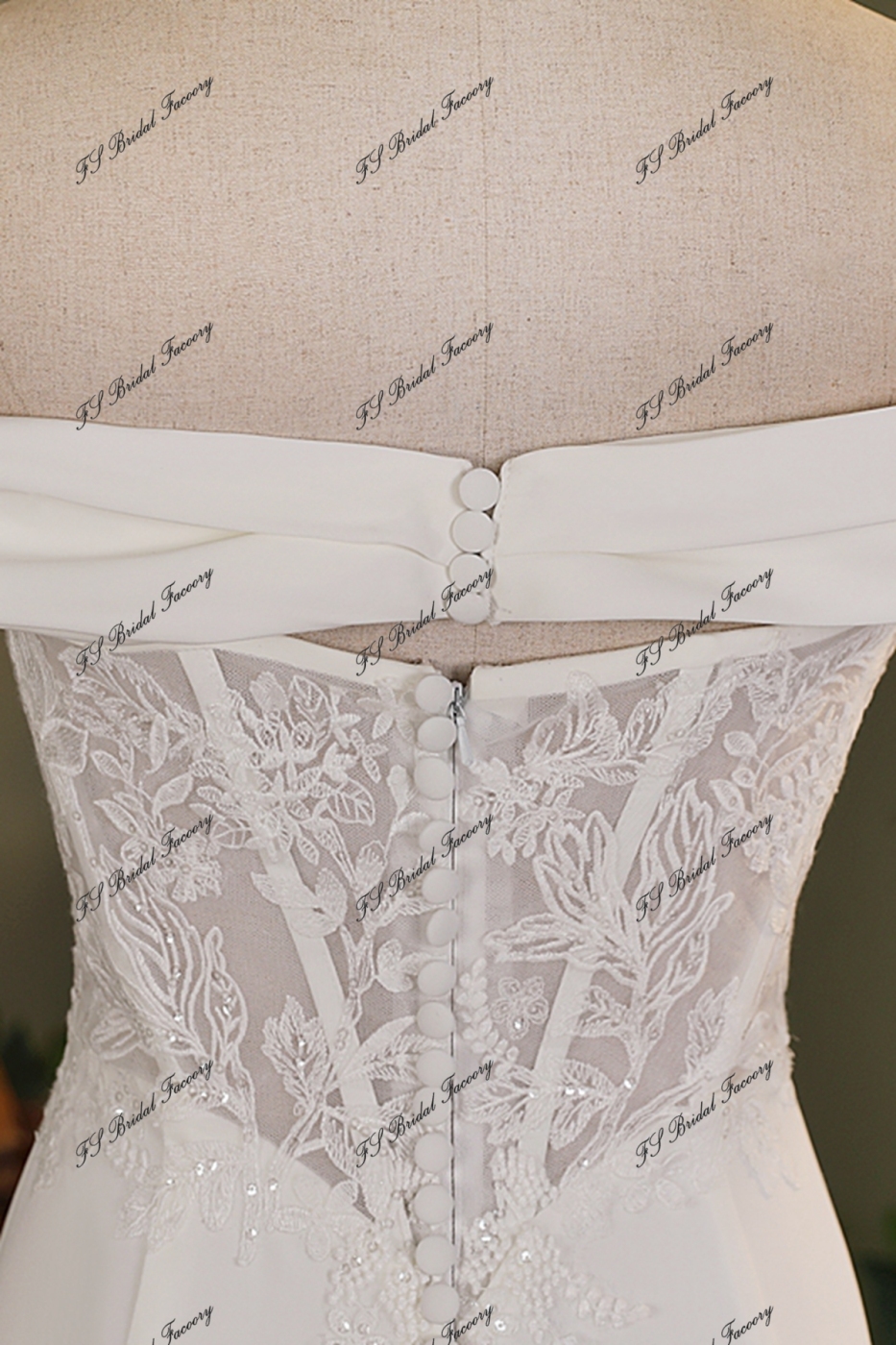 Ruffle Neckline Detached Off Shoulder Crepe Bridal Dress