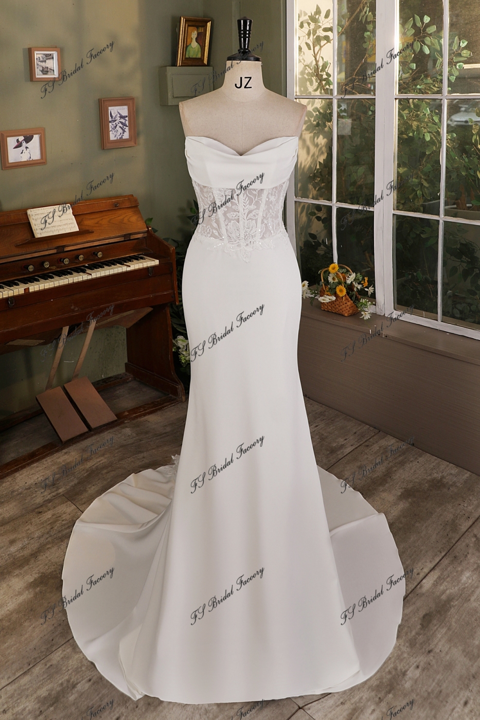 Ruffle Neckline Detached Off Shoulder Crepe Bridal Dress