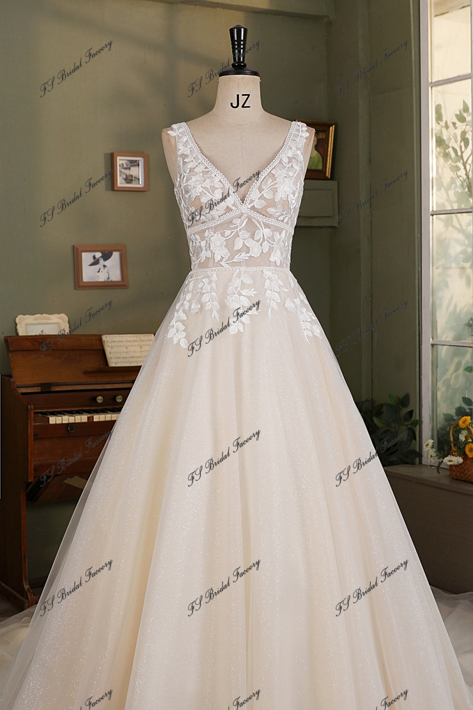 Boho Simple Glitter Tulle Lace A-Line Bridal Gown