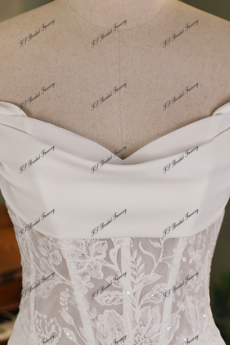 Ruffle Neckline Detached Off Shoulder Crepe Bridal Dress