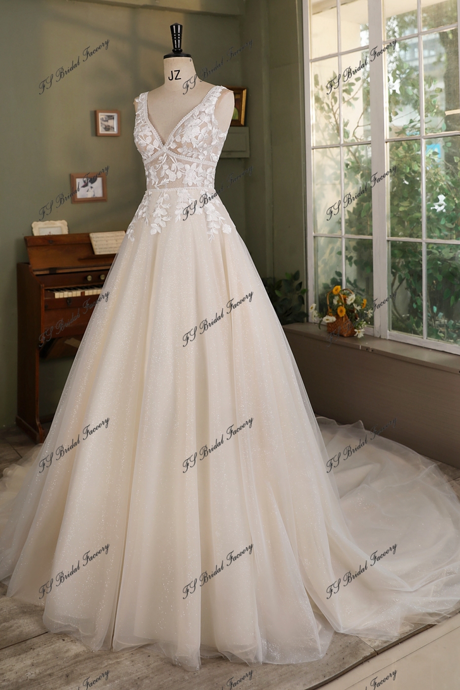 Boho Simple Glitter Tulle Lace A-Line Bridal Gown