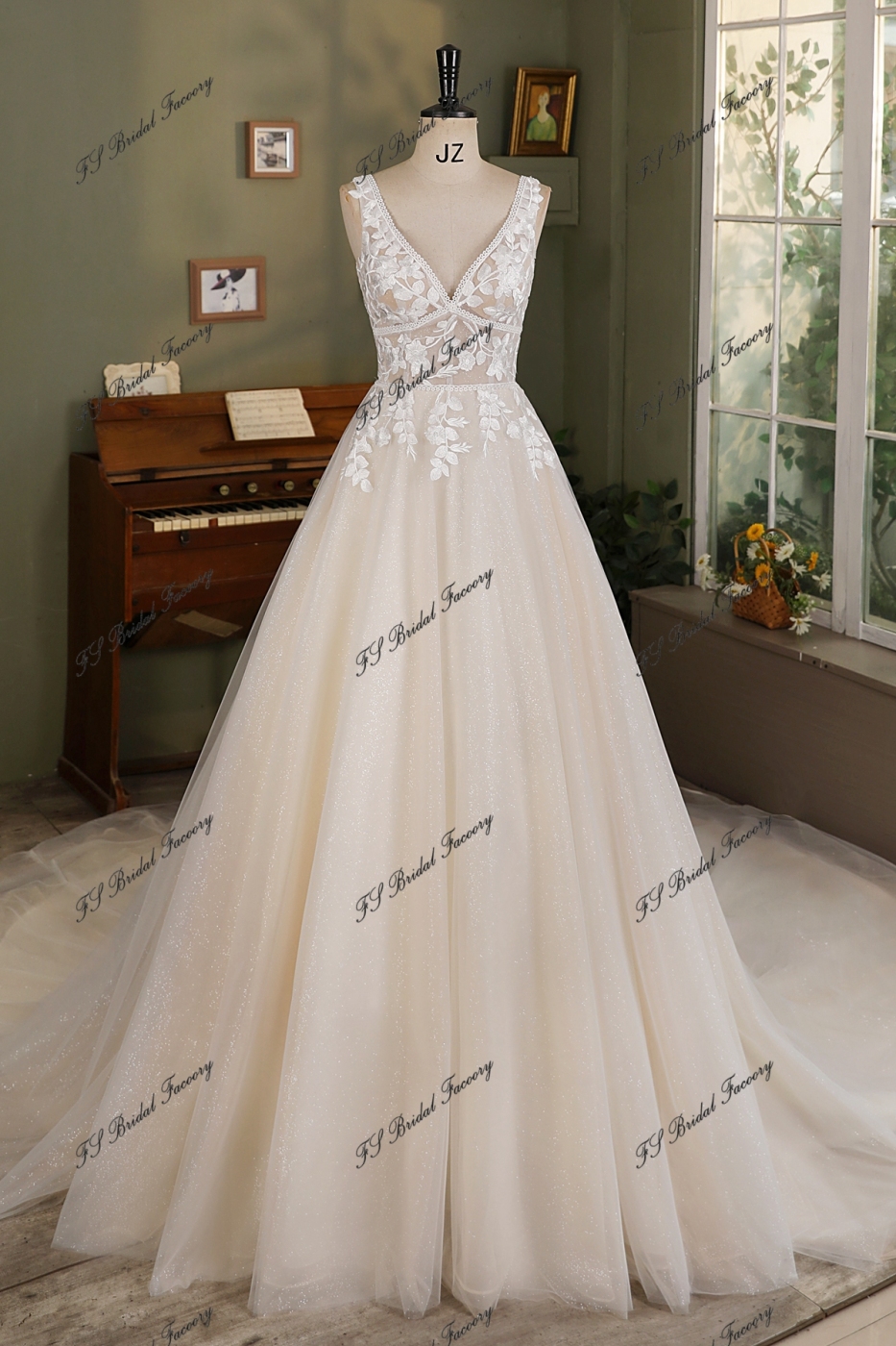 Boho Simple Glitter Tulle Lace A-Line Bridal Gown