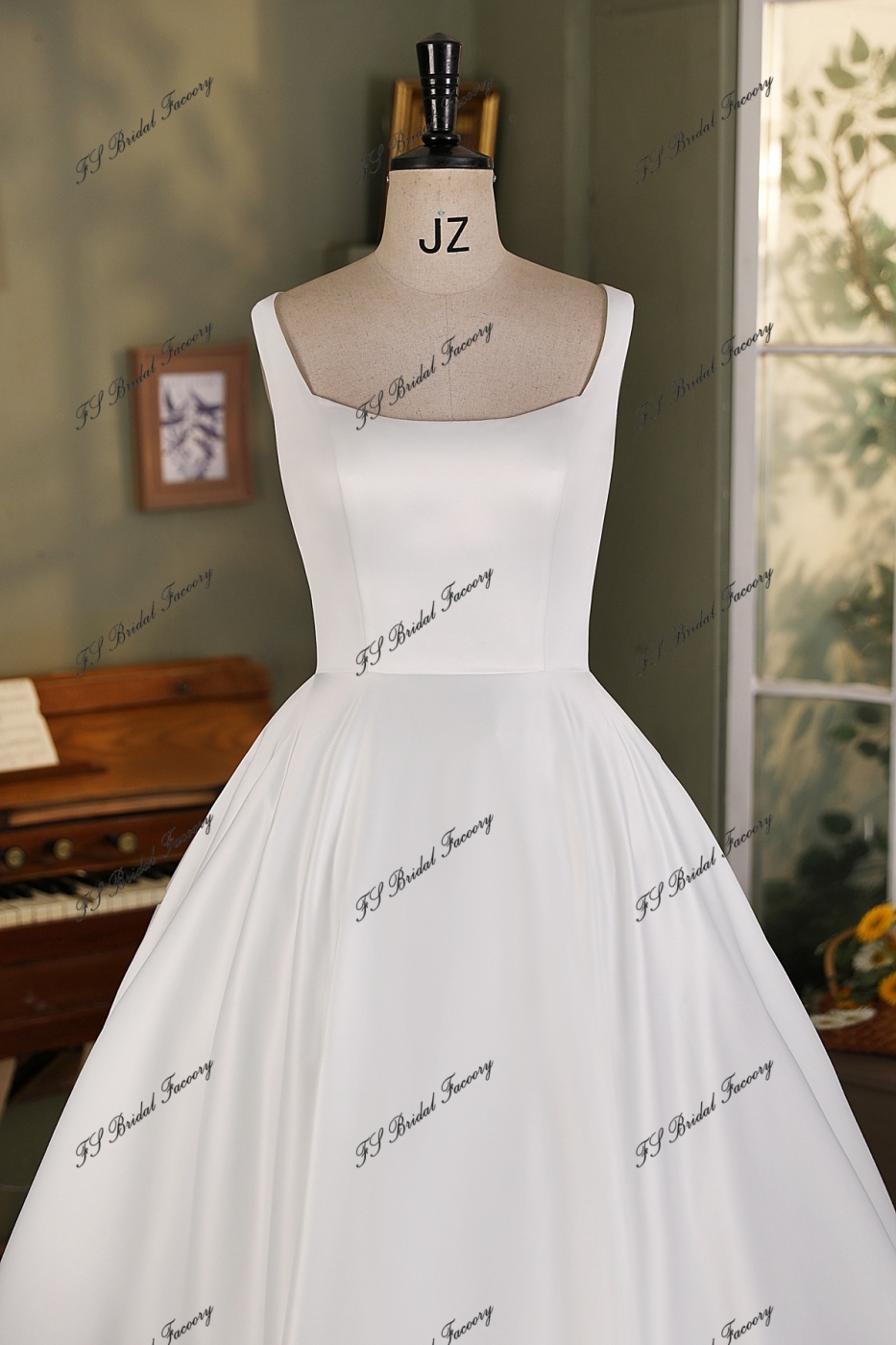 Soft Square Lace Applique Satin Wedding Ball Gown
