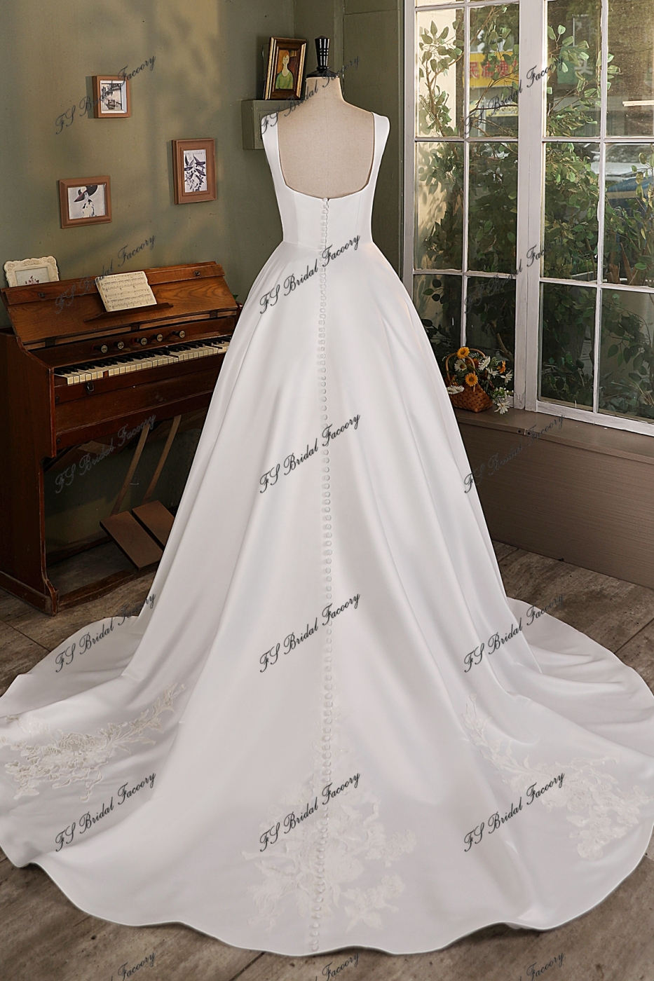 Soft Square Lace Applique Satin Wedding Ball Gown