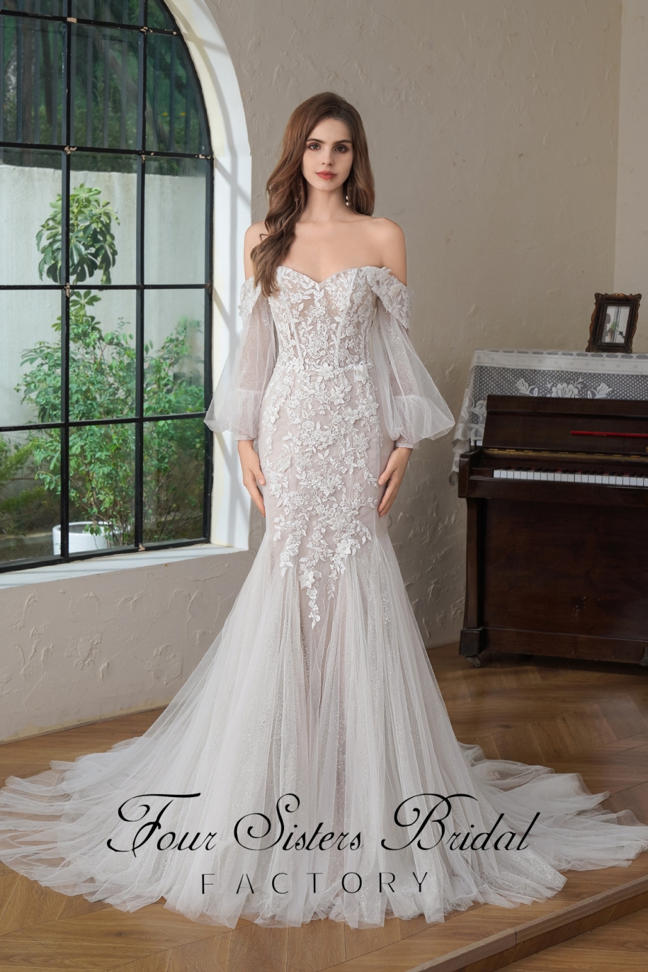 Beaded  Lace Off the Shoulder Wedding Dress With Detached Sleeve