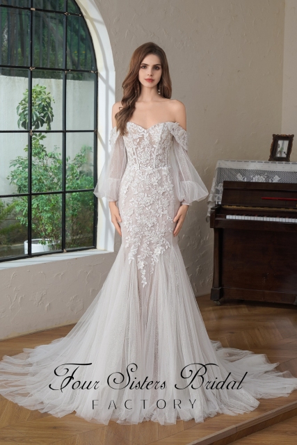 Beaded  Lace Off the Shoulder Wedding Dress With Detached Sleeve