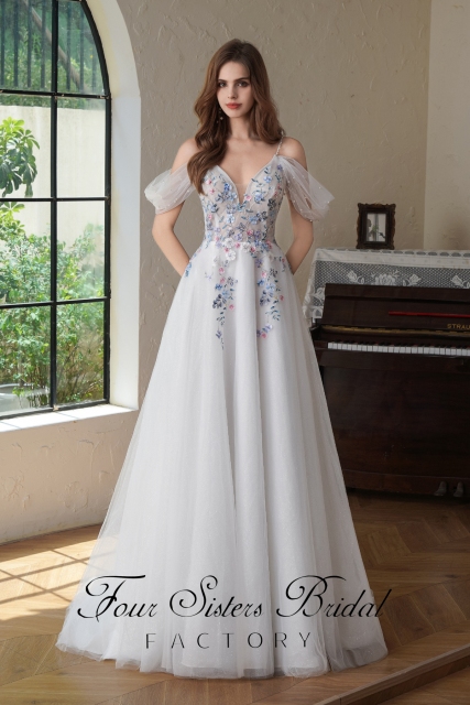 Colorful Beading Lace With Off Shoulder Glitter A Line Tulle Wedding Dress
