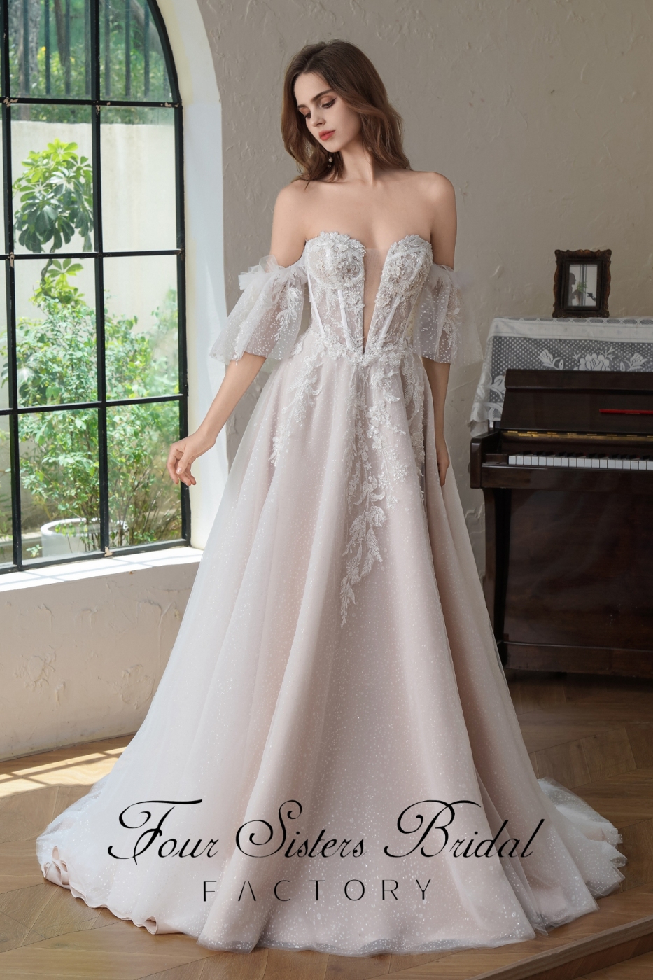3D Beaded  Lace  Detached Sleeve Glitter  A Line Wedding Gown