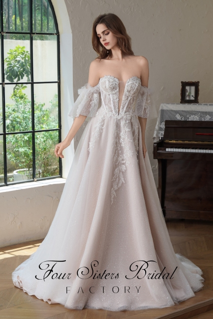 3D Beaded  Lace  Detached Sleeve Glitter  A Line Wedding Gown
