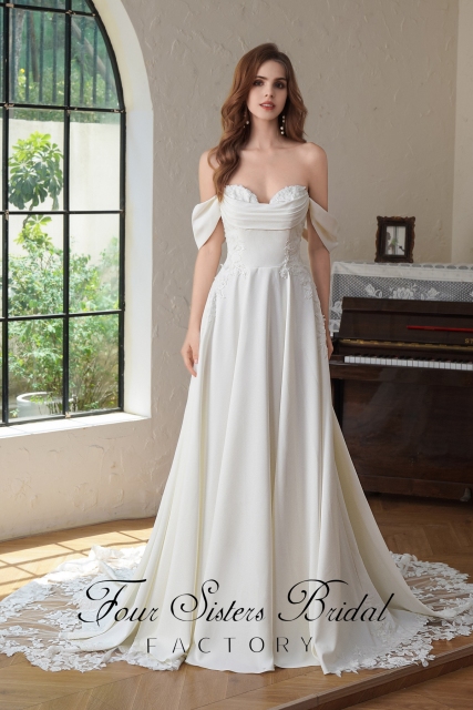 Crepe A-Line Gown with Square Neckline and Lace Bodice