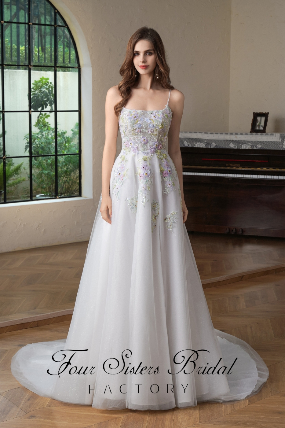 Colorful Beading Lace With Spaghetti Straps Glitter A Line Tulle Wedding Dress