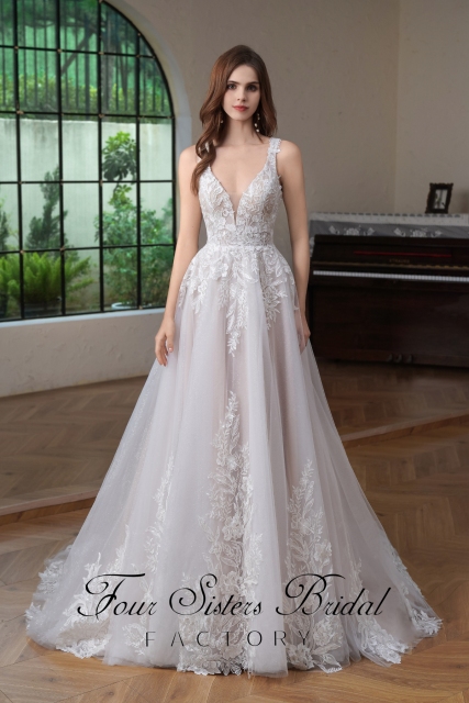 Beaded  Lace  Detached Sleeve Glitter  A Line Wedding Gown