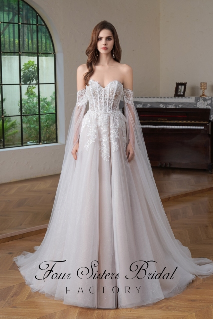 Beaded  Lace Long Detached  Sleeve Glitter  A Line Wedding Gown