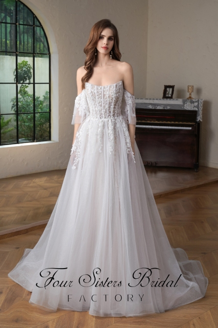 Beaded  Lace  Detached Sleeve Glitter  A Line Wedding Gown