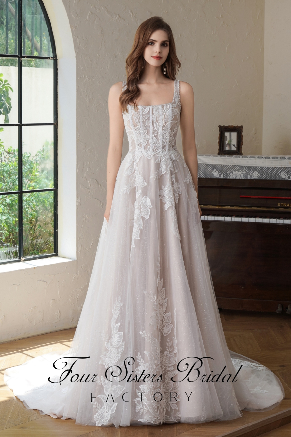 Beaded  Square Lace A Line Wedding Gown