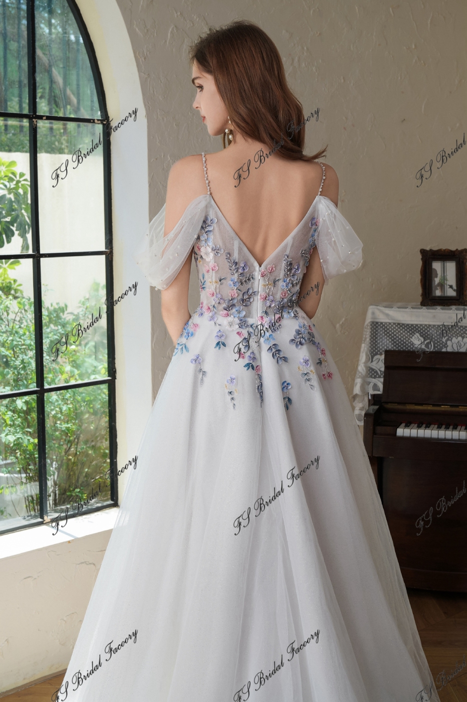 Colorful Beading Lace With Off Shoulder Glitter A Line Tulle Wedding Dress