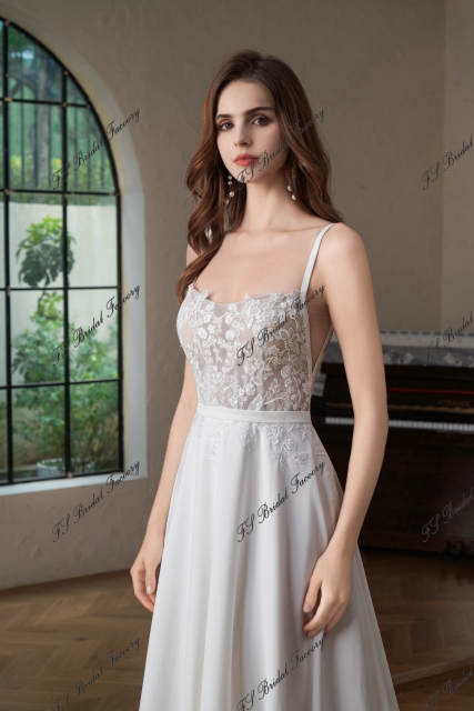 Crepe A-Line Gown with Square Neckline and Lace Bodice