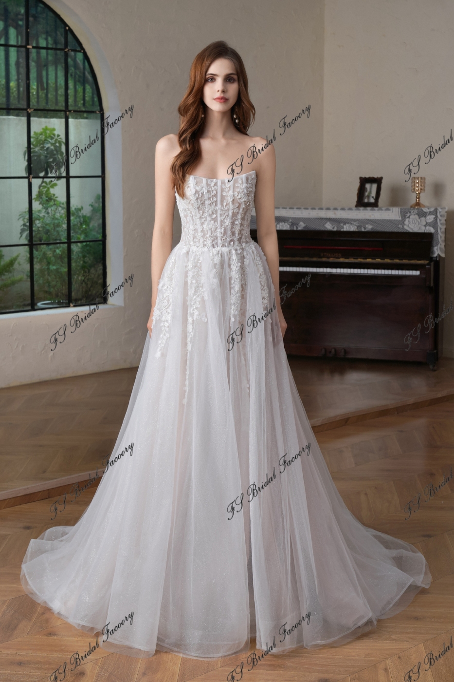 Beaded  Lace  Detached Sleeve Glitter  A Line Wedding Gown