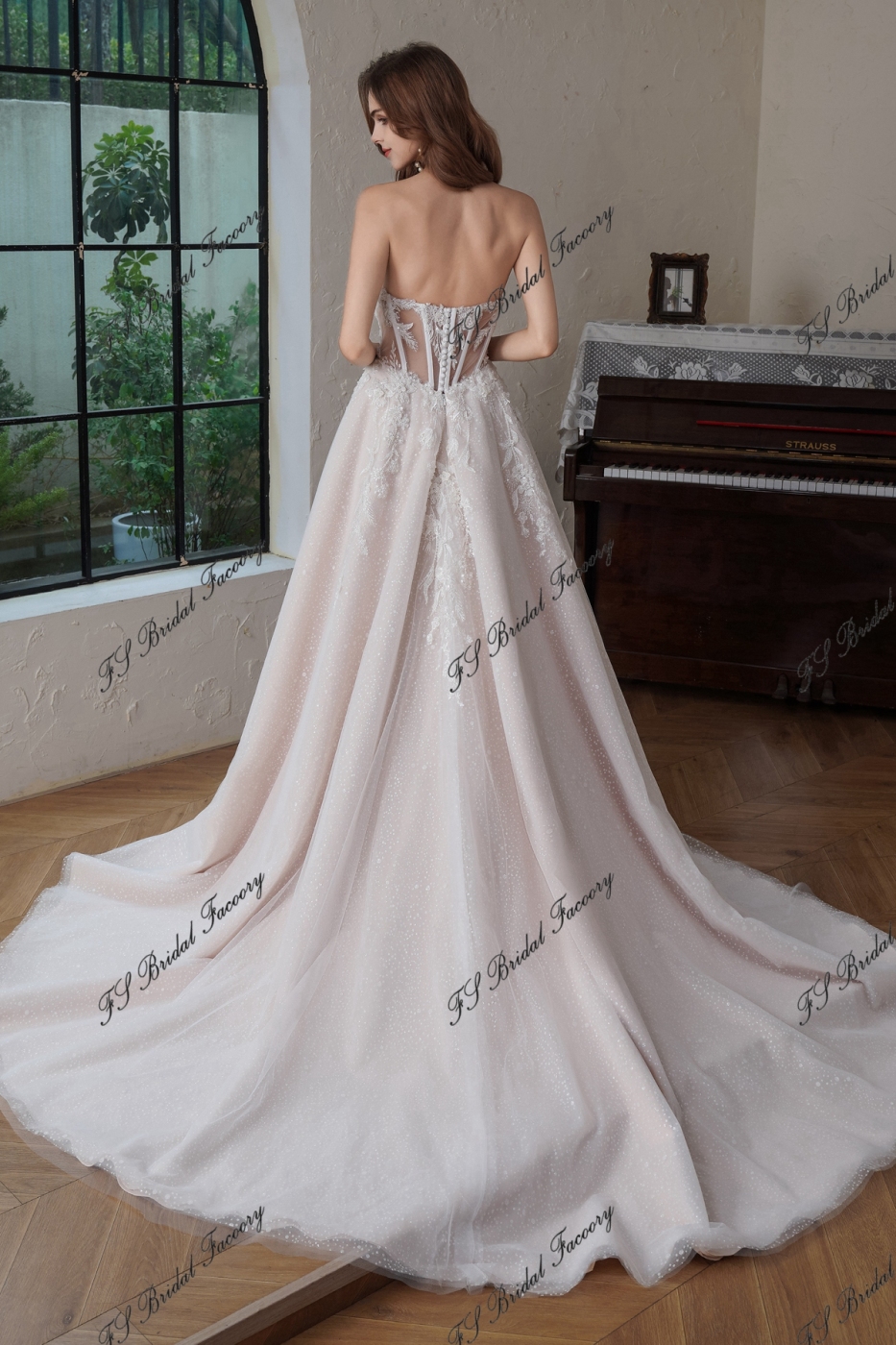3D Beaded  Lace  Detached Sleeve Glitter  A Line Wedding Gown