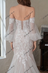 Beaded  Lace Off the Shoulder Wedding Dress With Detached Sleeve