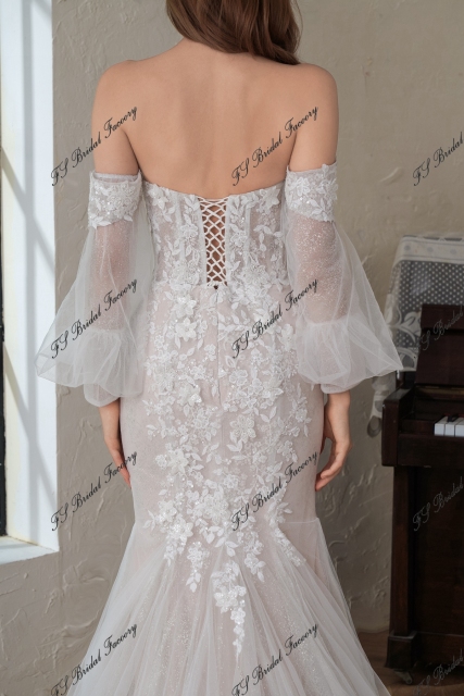 Beaded  Lace Off the Shoulder Wedding Dress With Detached Sleeve