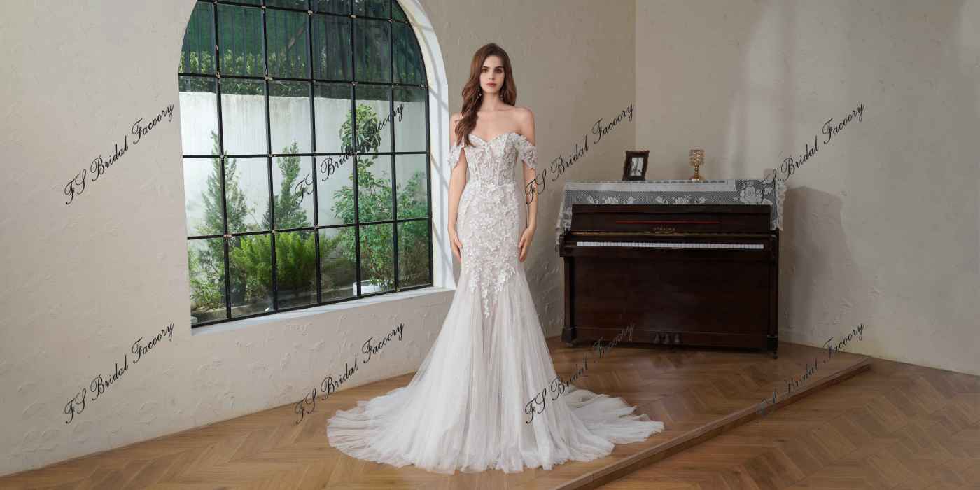 Beaded  Lace Off the Shoulder Wedding Dress With Detached Sleeve