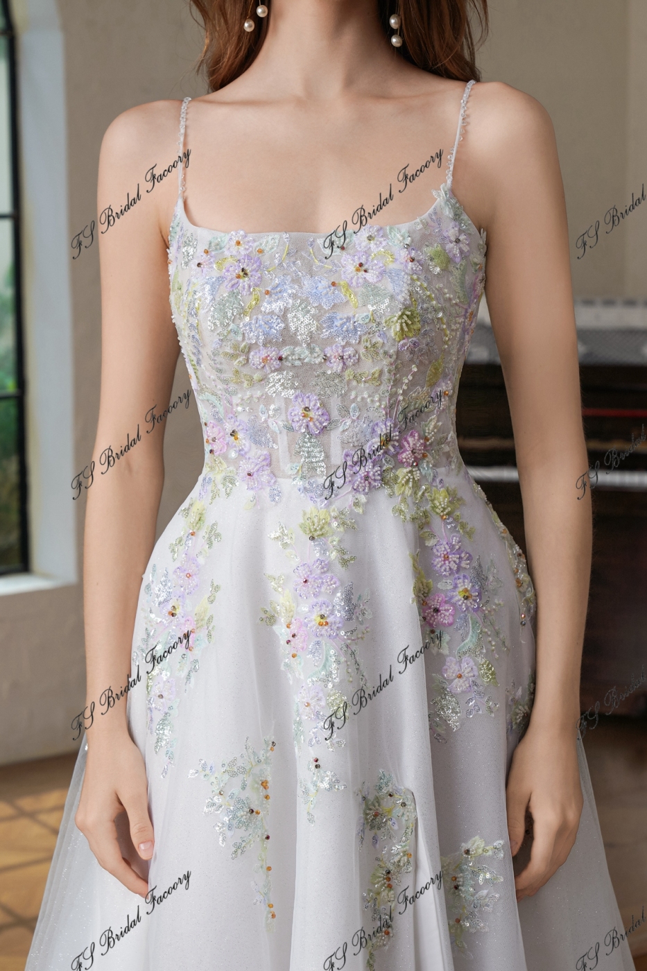 Colorful Beading Lace With Spaghetti Straps Glitter A Line Tulle Wedding Dress