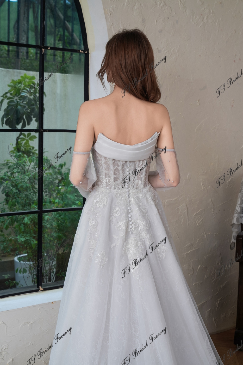 Detached Pearls Sleeve A Line Tulle Wedding Dress