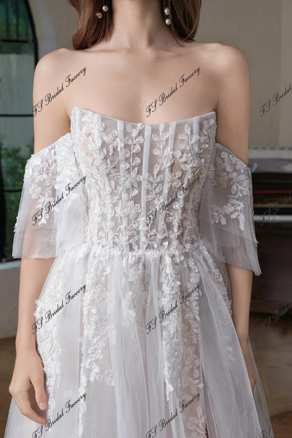 Beaded  Lace  Detached Sleeve Glitter  A Line Wedding Gown