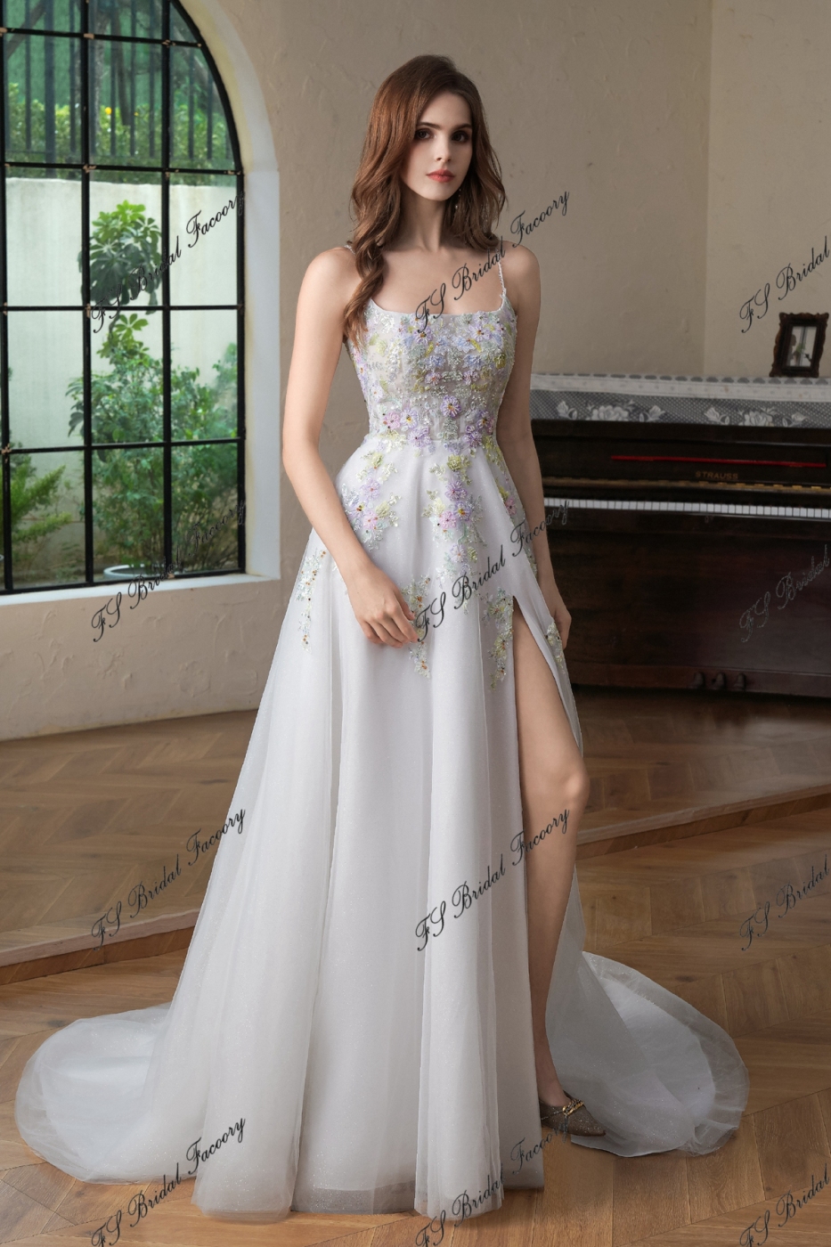 Colorful Beading Lace With Spaghetti Straps Glitter A Line Tulle Wedding Dress