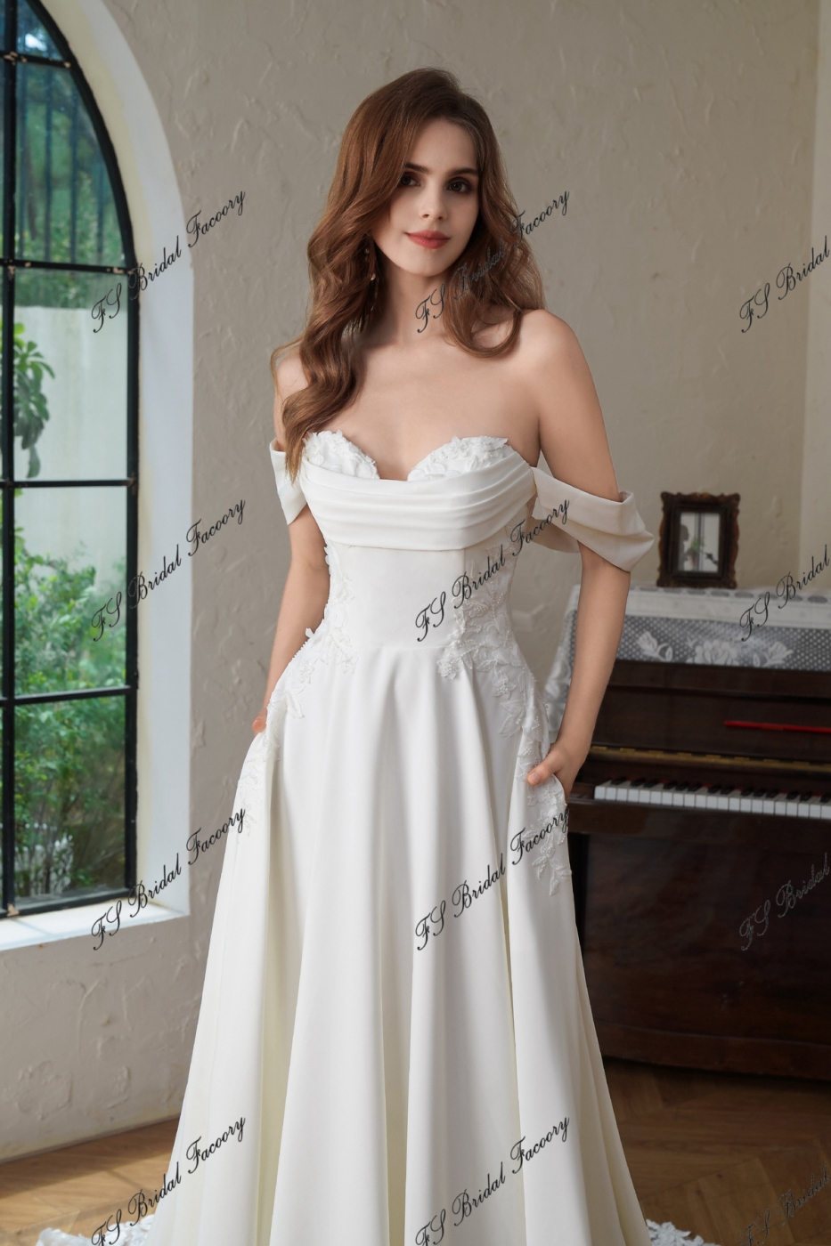 Crepe A-Line Gown With Pocket And Dramatic Lace Train