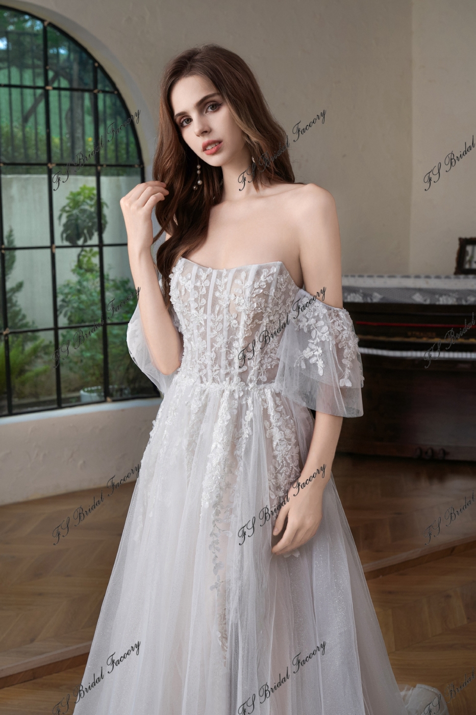 Beaded  Lace  Detached Sleeve Glitter  A Line Wedding Gown
