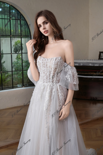 Beaded  Lace  Detached Sleeve Glitter  A Line Wedding Gown