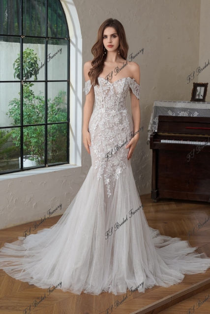 Beaded  Lace Off the Shoulder Wedding Dress With Detached Sleeve