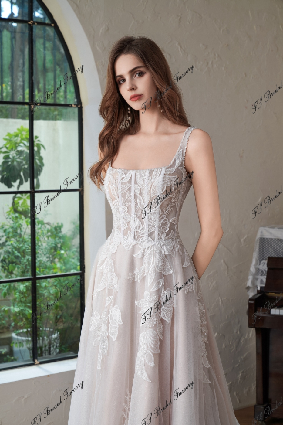 Beaded  Square Neck Line Lace A Line Wedding Gown
