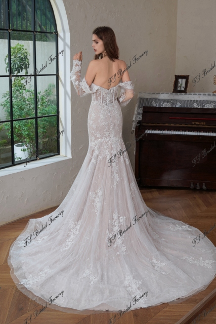Detached Long Sleeve Heavy Beading Mermaid Wedding Gown With Detached Train