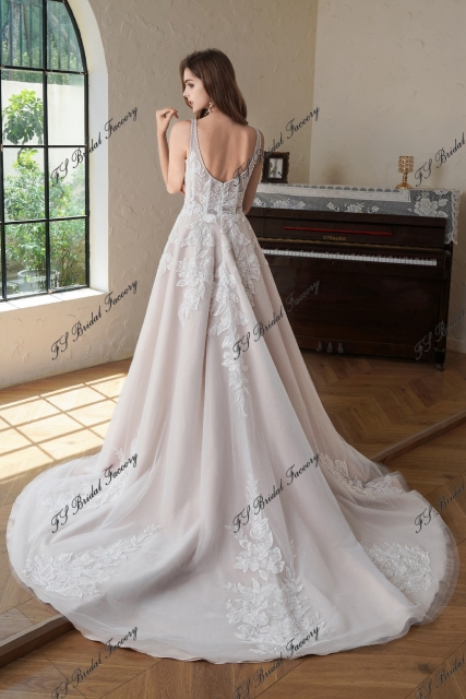 Beaded  Square Neck Line Lace A Line Wedding Gown