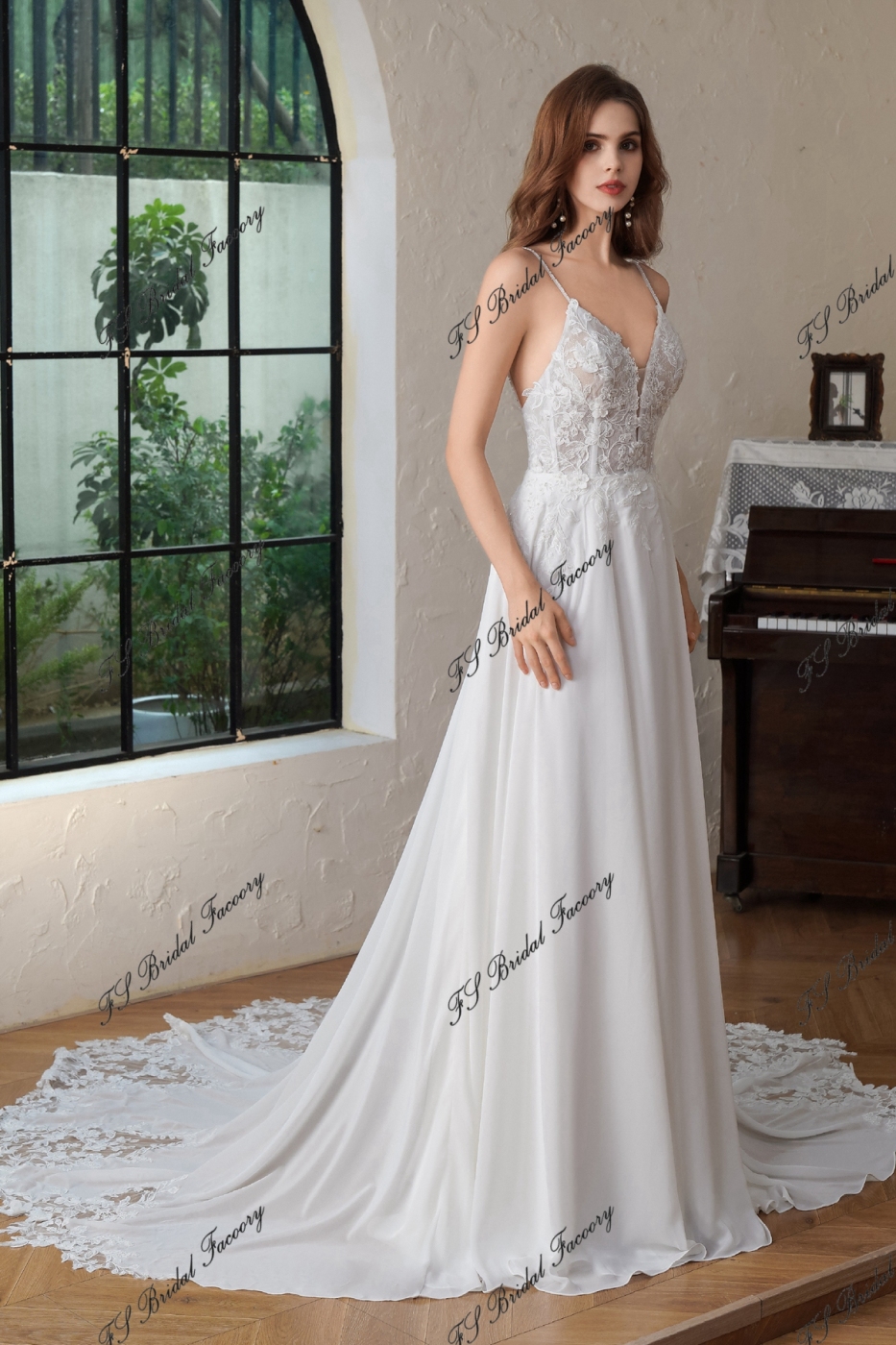 A-Line Gown With Dramatic Lace Train And Detached Long Chiffon Sleeve